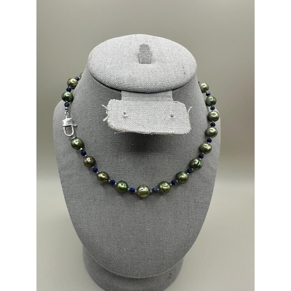 16 Green Potato Pearl & Lazurite Necklace, Freshwater Big Pearls 9.6-10mm, Facet